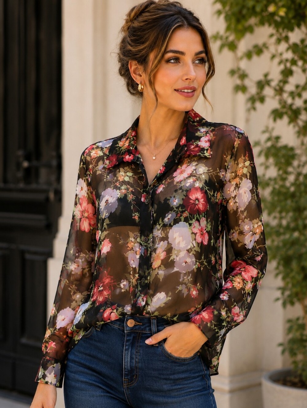 Notations Sheer Floral Button Front Blouse Size L